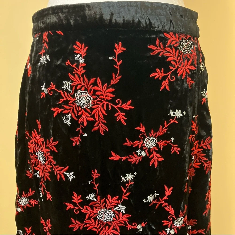 Maeve by Anthropologie Black Velvet Red Floral Embroidery Pencil Fringe Skirt - Picture 13 of 13